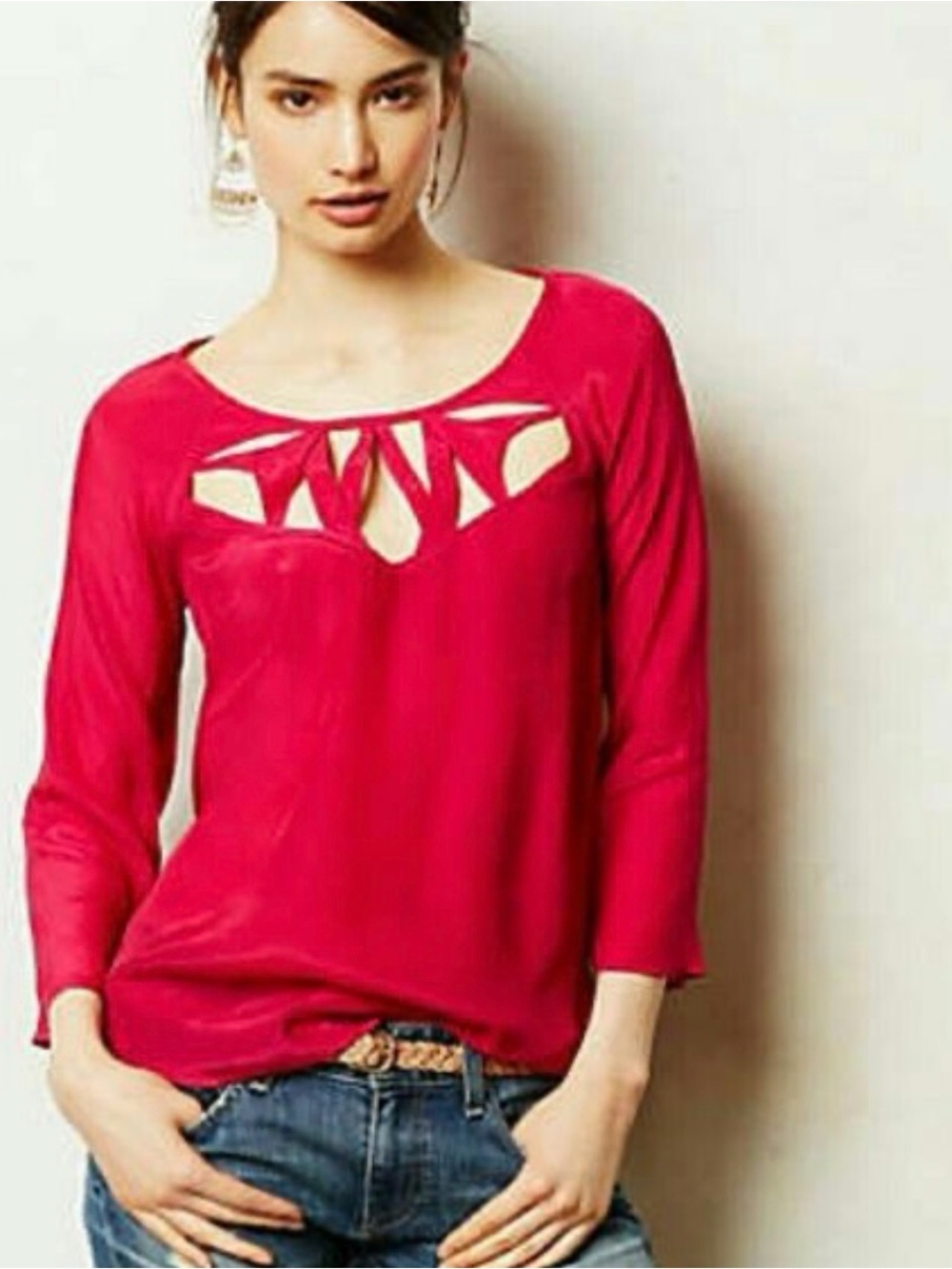 NWT Anthropologie MAEVE 10 Top Fuchsia Pink Chest Cutout Blouse Long Sleeve
